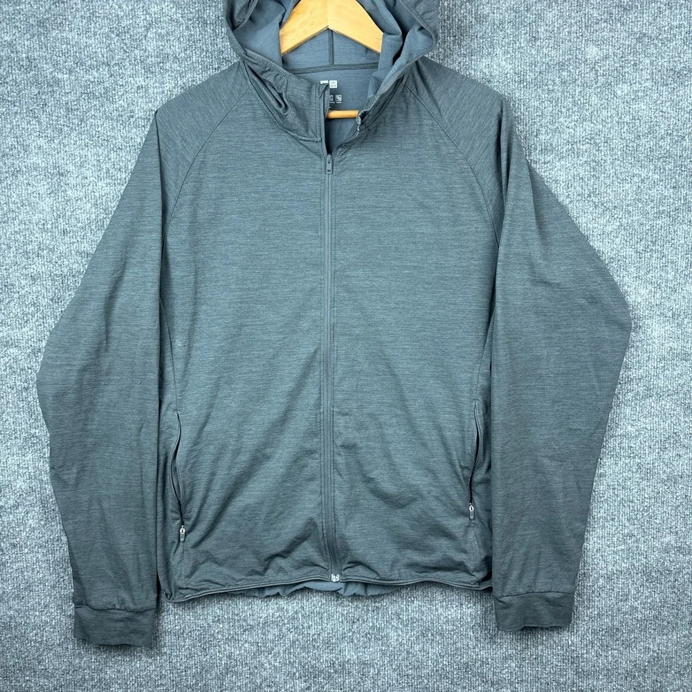 Uniqlo Dry-Ex Lightweight Athletic Jacket Full Zip Mens Large Gray Hooded Baggy - Picture 1 of 8